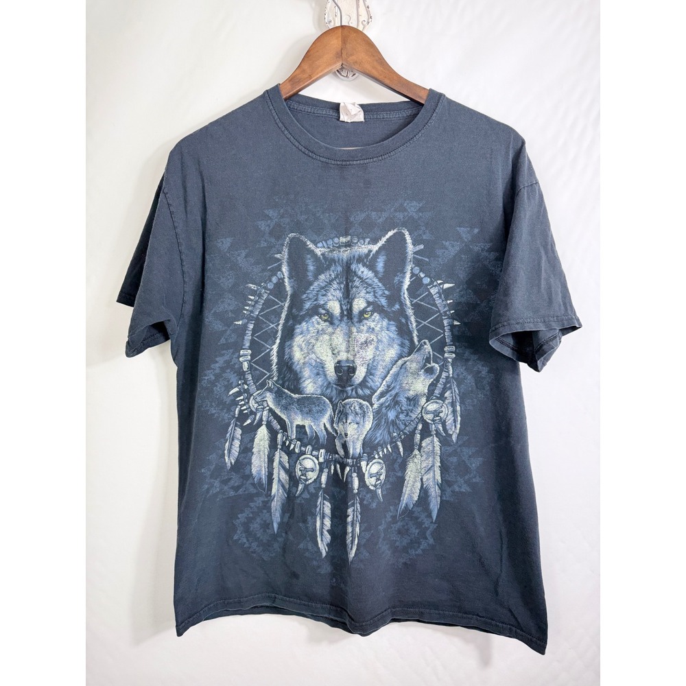 Fruit of the Loom Wolf Dreamcatcher Graphic T-Shirt Charcoal Grey Mens Large